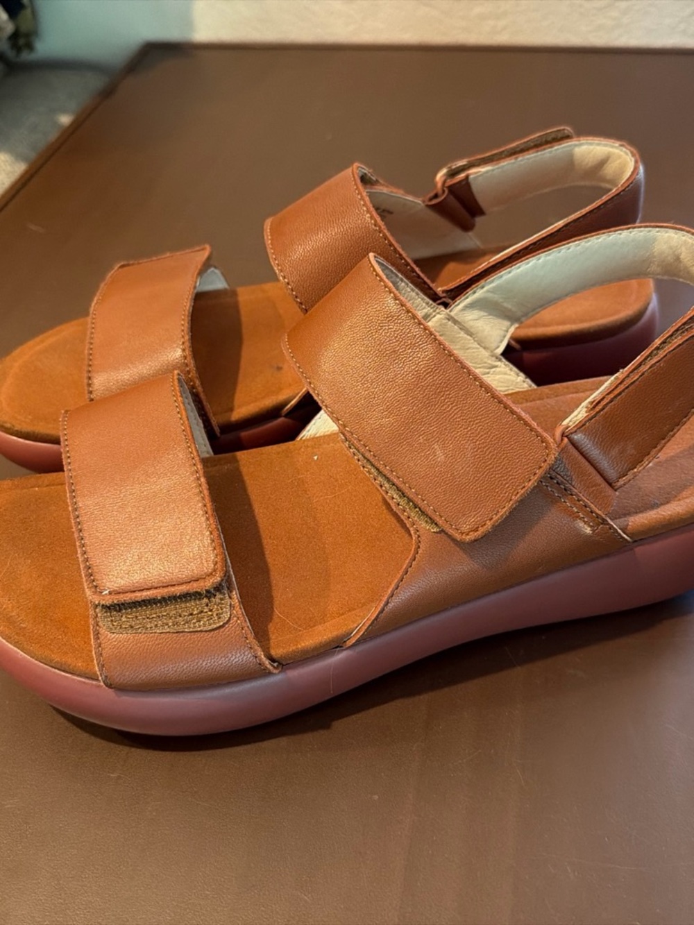 Alegria Bailee Brown Leather Velcro Strap Sandals